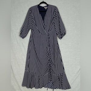 Chelsea 28 Midi Dress Cross Front Ruching Sz Large Navy Stripes